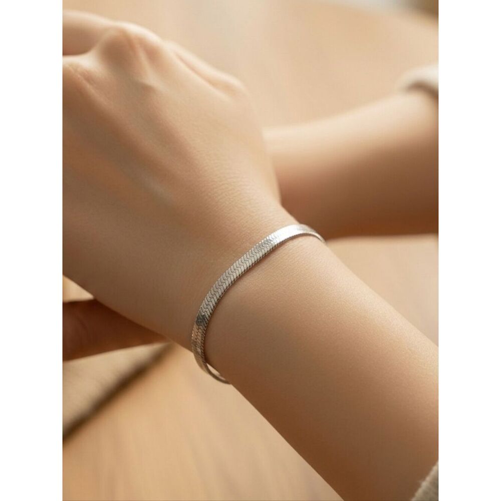 Flat Herringbone Bracelet Silver Stainless Steel 3mm Minimal Chic Modern Sleek